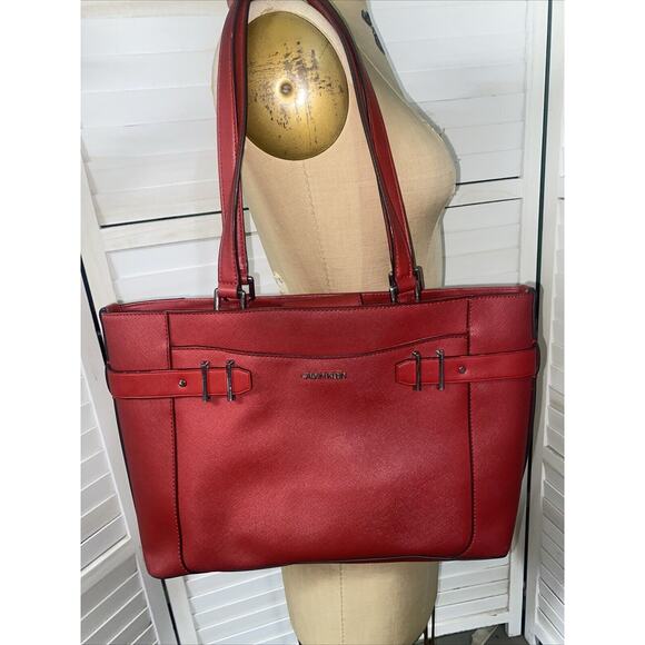 Calvin Klein Large Handbag Red Tote Bag Shoulder Bag Purse Double Handle 16x10 - Picture 1 of 16